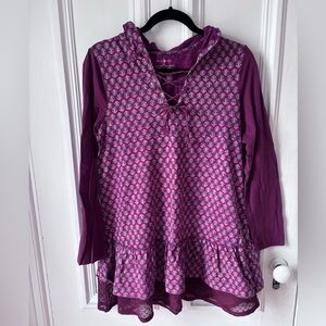 Women’s April Cornell Maroon Floral Print Hooded Long Sleeve Ruffle Tunic Dress